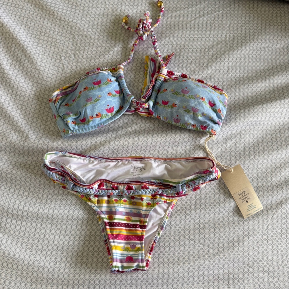 Brynja Swim Hulda Swede Blooms Braided Bandaeu Top and Bottoms Bikini Set NWT